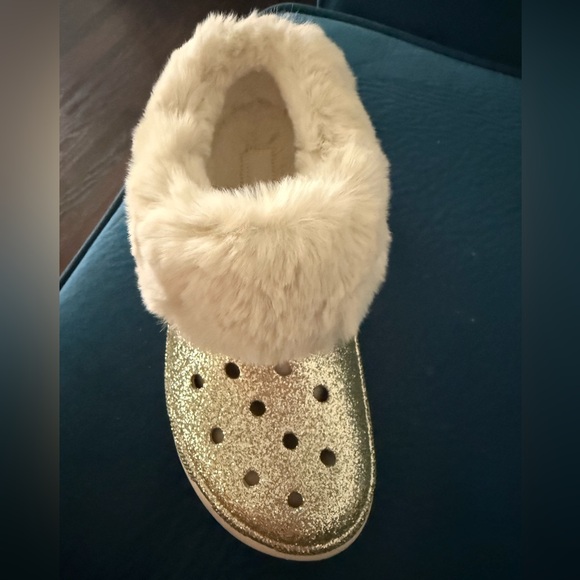 CROCS Shoes - CROCS women’s  Gold Glitter Clog with Cream Faux Fur Lining